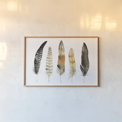 Natural Feathers by Kathleen Parr McKenna. shown as a paper print in a natural frame. Available as a archival giclee rolled canvas, fine art paper, or poster print. SKU 66041i.