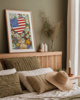 Patriotic Bouquet by Kathleen Parr McKenna. shown as a paper print in a natural frame. Available as a archival giclee rolled canvas, fine art paper, or poster print. SKU 41295h.