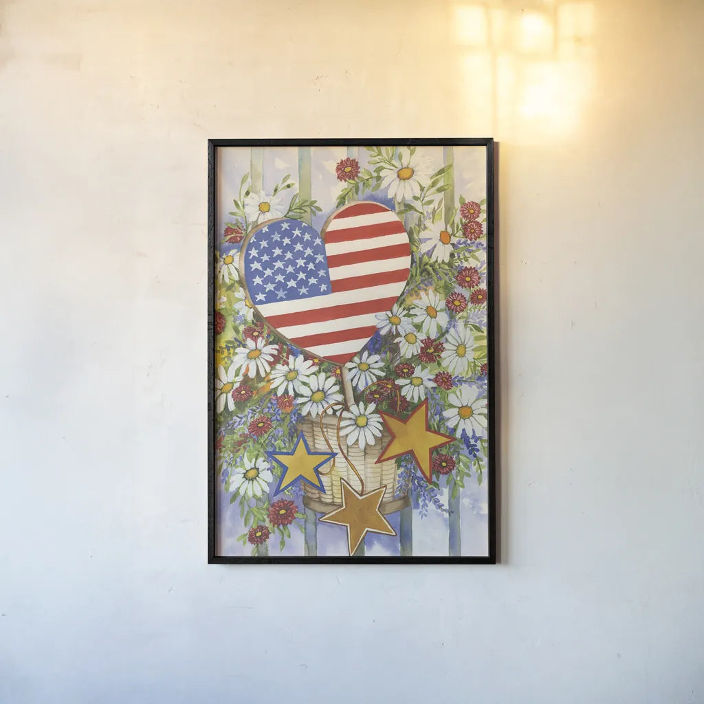 Patriotic Bouquet by Kathleen Parr McKenna. shown as a paper print in a black flame. Available as a archival giclee rolled canvas, fine art paper, or poster print. SKU 41295h.