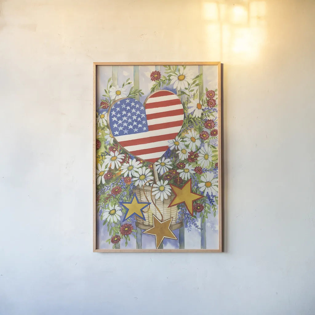 Patriotic Bouquet by Kathleen Parr McKenna. shown as a paper print in a natural frame. Available as a archival giclee rolled canvas, fine art paper, or poster print. SKU 41295h.