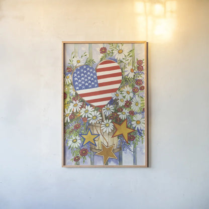 Patriotic Bouquet by Kathleen Parr McKenna. shown as a paper print in a natural frame. Available as a archival giclee rolled canvas, fine art paper, or poster print. SKU 41295h.