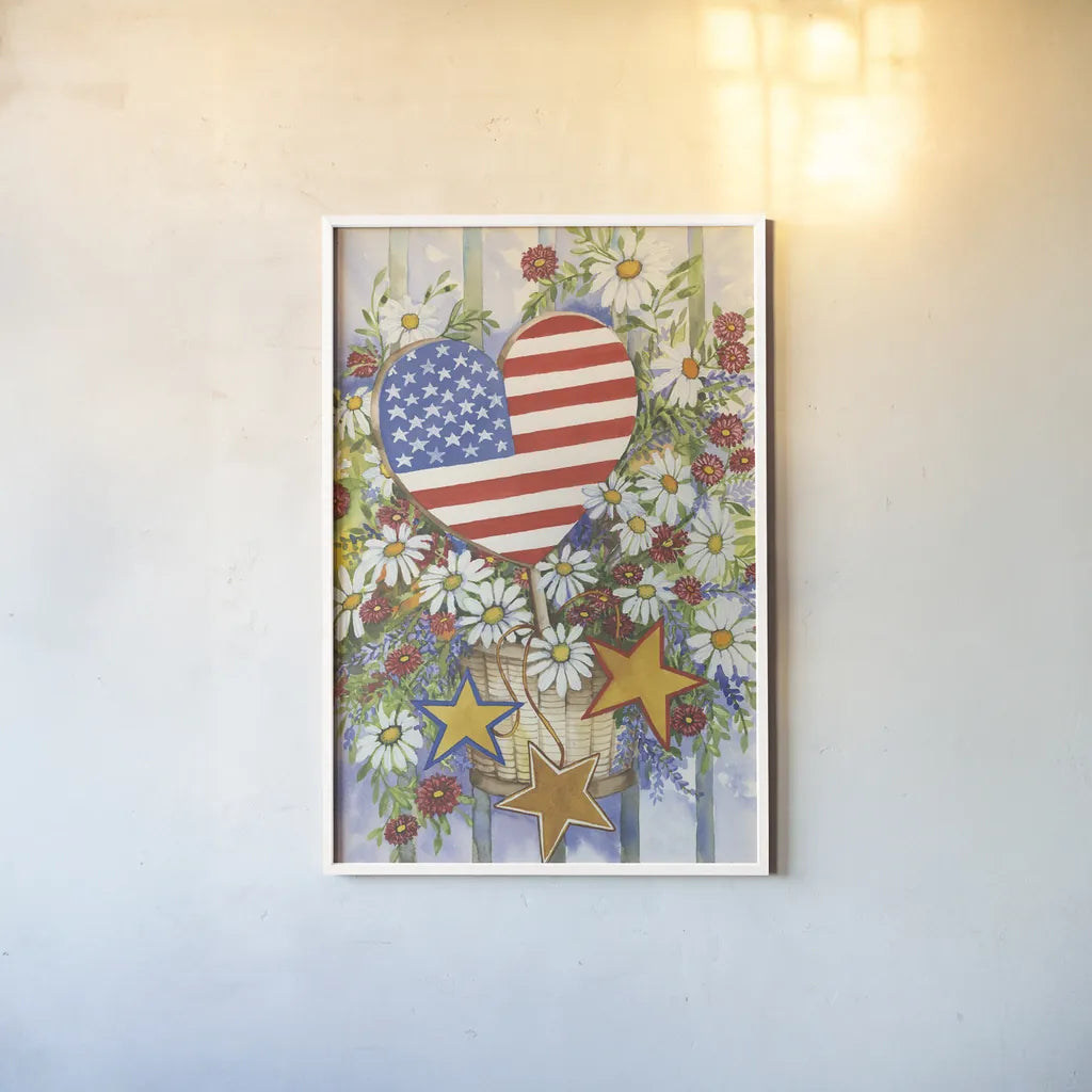 Patriotic Bouquet by Kathleen Parr McKenna. shown as a paper print in a white frame. Available as a archival giclee rolled canvas, fine art paper, or poster print. SKU 41295h.