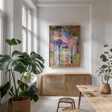 Patriotic Home by Kathleen Parr McKenna. shown as a print in a natural wood frame in a dining room. Available as a archival giclee rolled canvas, fine art paper, or poster print. SKU 37265h.