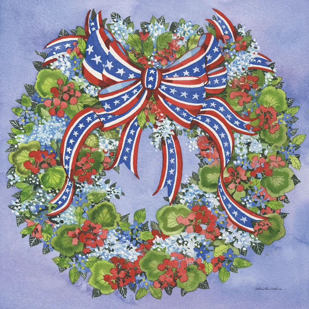 Patriotic Wreath by Kathleen Parr McKenna. SKU 41291a. Archival Giclee Fine art print for wall decor.