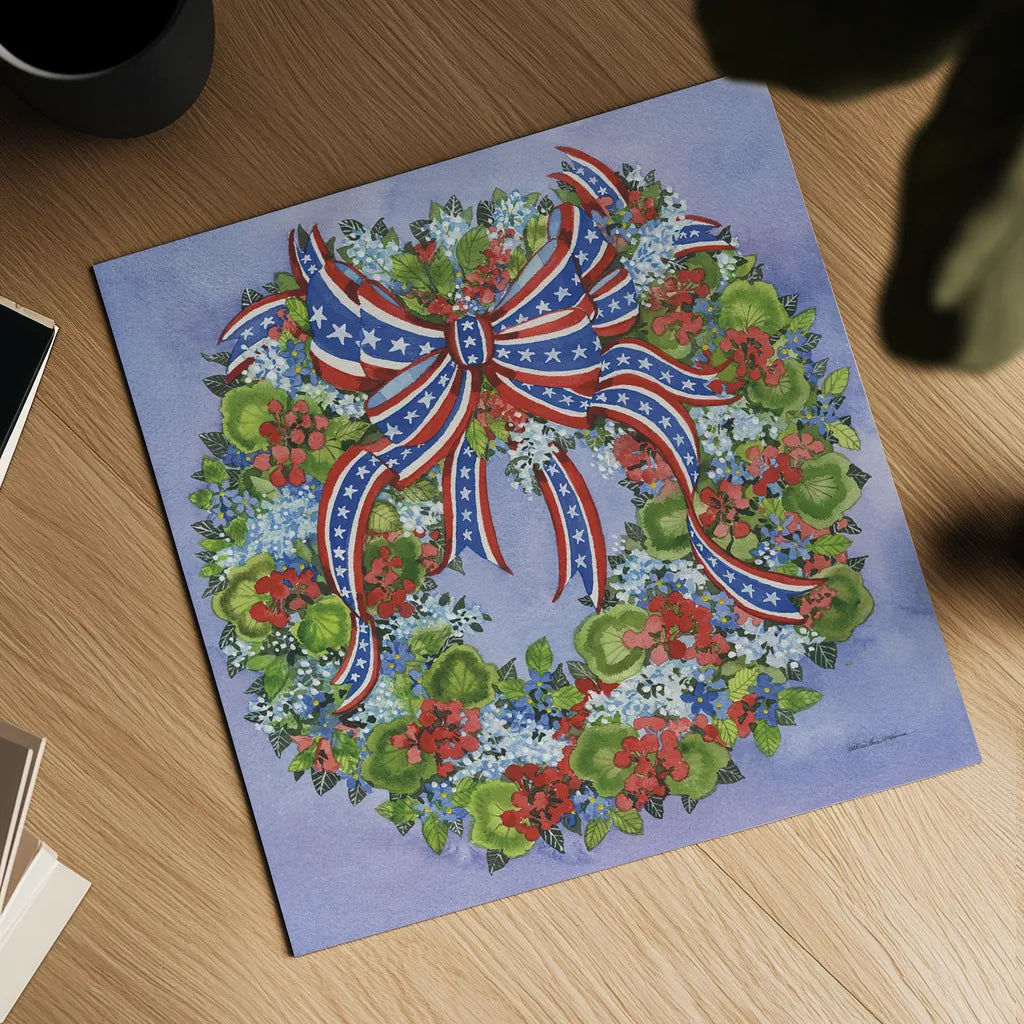 Patriotic Wreath by Kathleen Parr McKenna. Shown as a detailed flat fine art print, highlighting archival giclee quality. Available as an archival giclee rolled canvas, fine art paper, or poster print. SKU 41291a.
