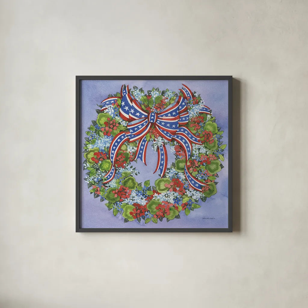 Patriotic Wreath by Kathleen Parr McKenna. Shown in a sleek black glass frame for a contemporary gallery look. Available as an archival giclee rolled canvas, fine art paper, or poster print. SKU 41291a.