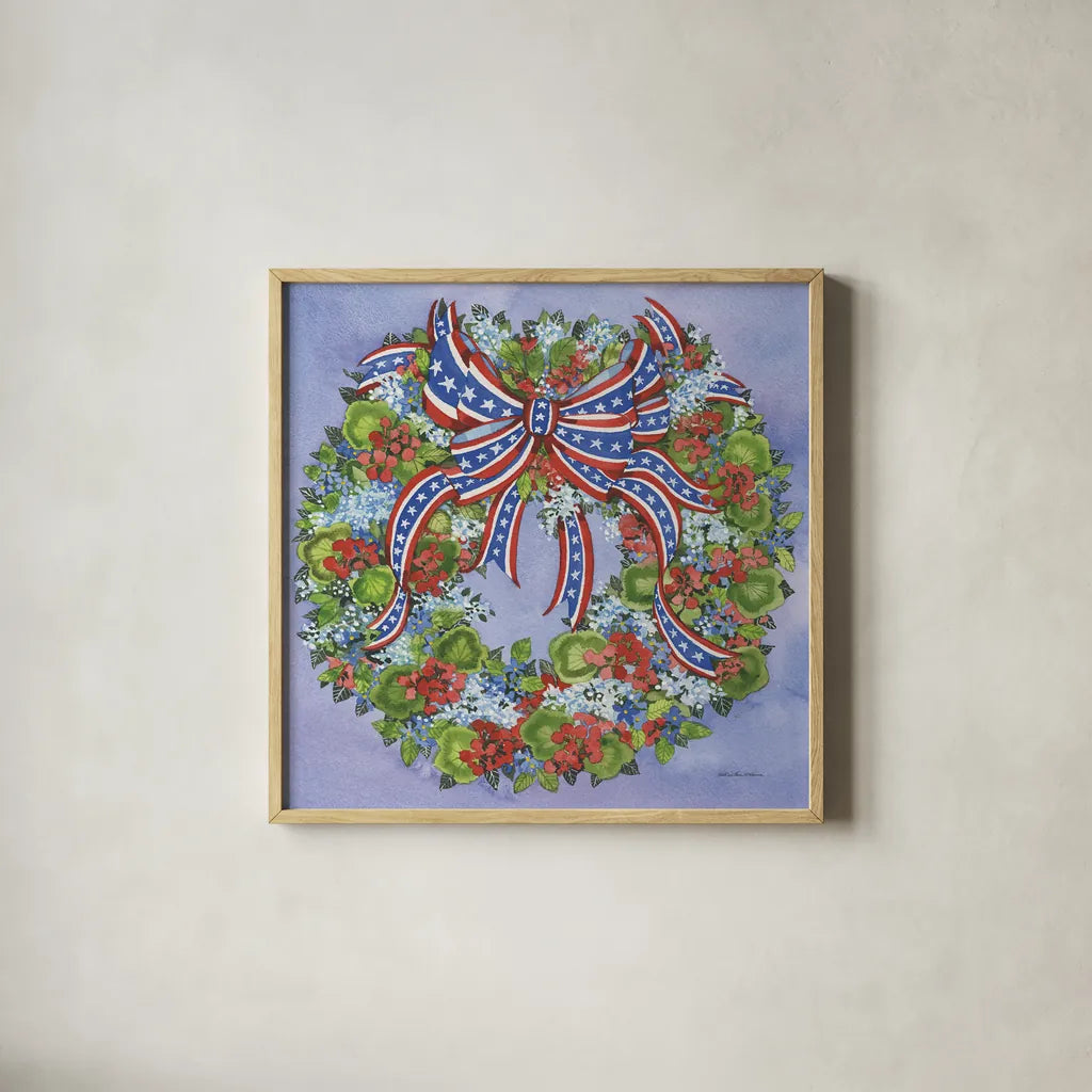 Patriotic Wreath by Kathleen Parr McKenna. Shown in a natural wood glass frame for a timeless modern aesthetic. Available as an archival giclee rolled canvas, fine art paper, or poster print. SKU 41291a.