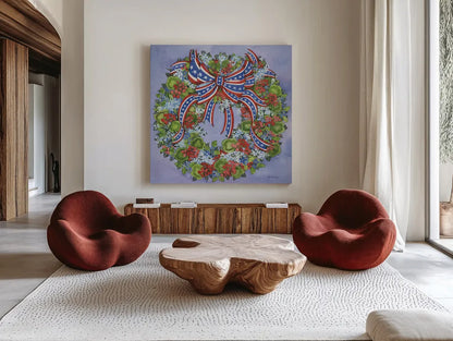 Patriotic Wreath by Kathleen Parr McKenna. Shown as extra-large giant wall art in a modern living room. Available as an archival giclee rolled canvas, fine art paper, or poster print. SKU 41291a.