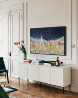 Peace on Earth by Kathleen Parr McKenna. shown as a framed stretched canvas in a living room above a console. Available as a archival giclee rolled canvas, fine art paper, or poster print. SKU 41396i.