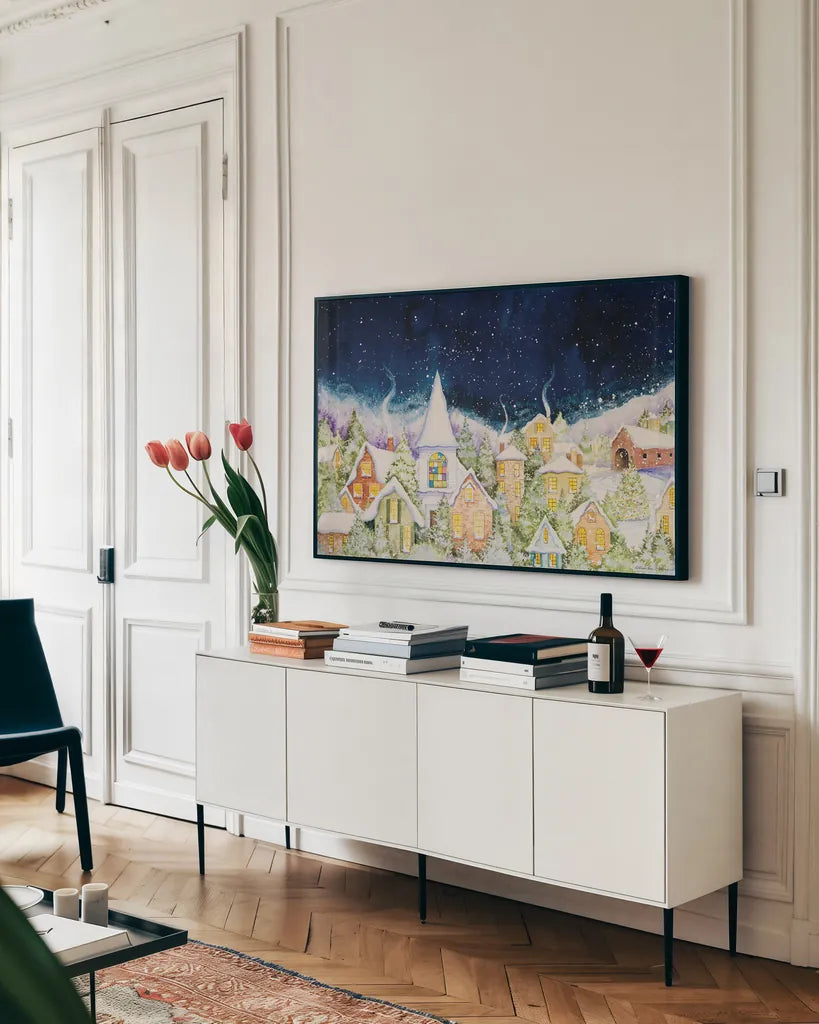 Peace on Earth by Kathleen Parr McKenna. shown as a framed stretched canvas in a living room above a console. Available as a archival giclee rolled canvas, fine art paper, or poster print. SKU 41396i.