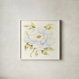 Peony by Kathleen Parr McKenna. Shown in a crisp white glass frame for a clean and minimalist style. Available as an archival giclee rolled canvas, fine art paper, or poster print. SKU 46647a.