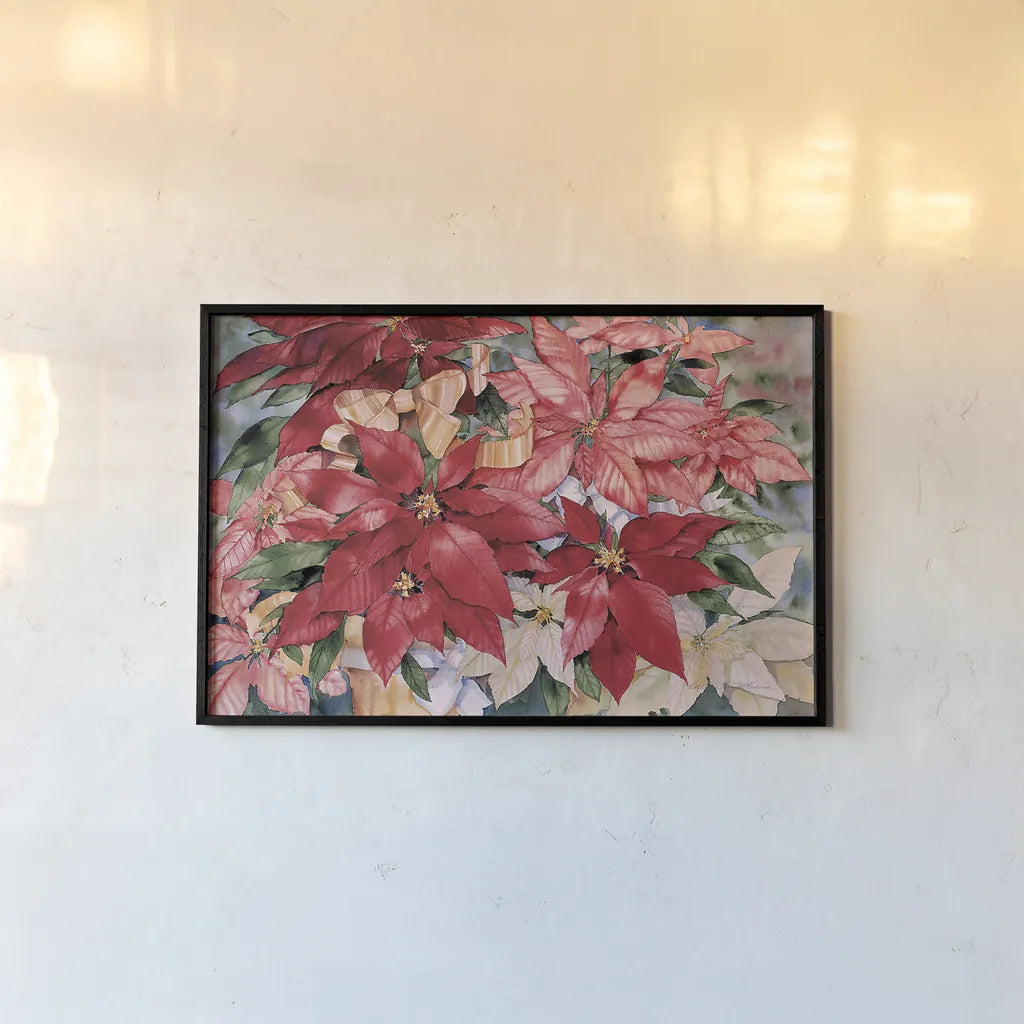 Poinsettia by Kathleen Parr McKenna. shown as a paper print in a black flame. Available as a archival giclee rolled canvas, fine art paper, or poster print. SKU 80801i.