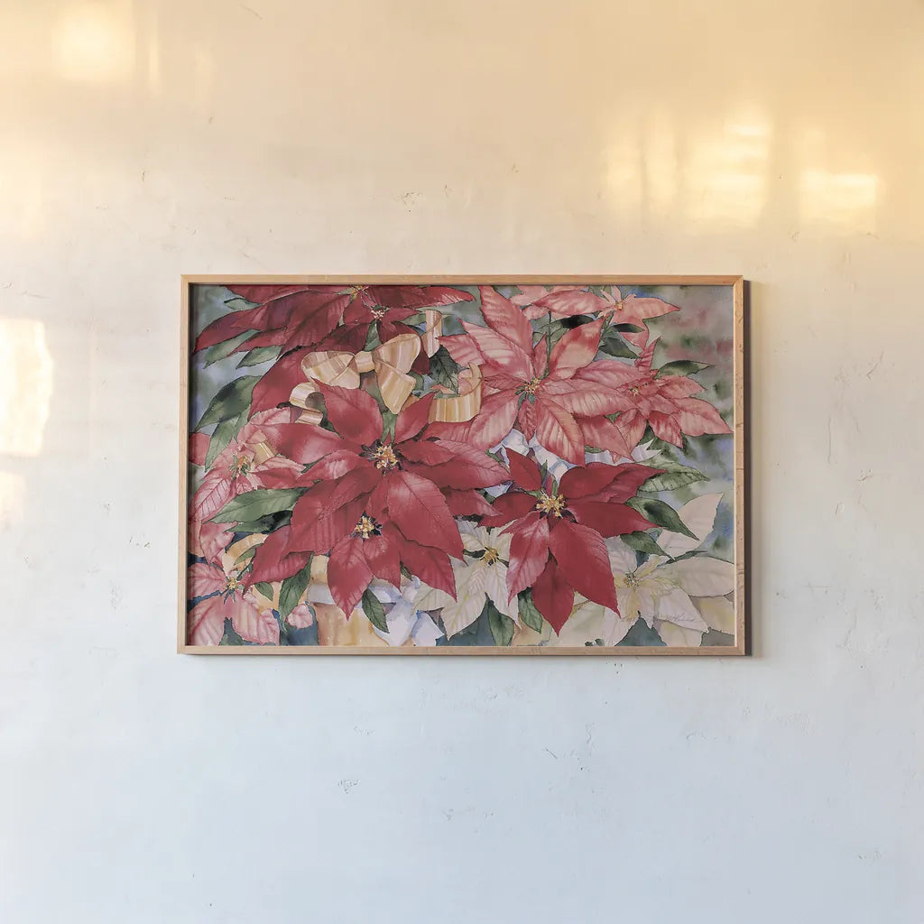 Poinsettia by Kathleen Parr McKenna. shown as a paper print in a natural frame. Available as a archival giclee rolled canvas, fine art paper, or poster print. SKU 80801i.