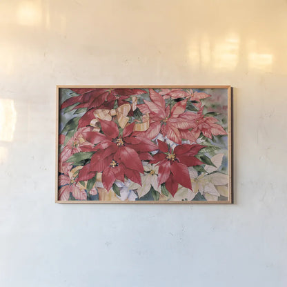 Poinsettia by Kathleen Parr McKenna. shown as a paper print in a natural frame. Available as a archival giclee rolled canvas, fine art paper, or poster print. SKU 80801i.