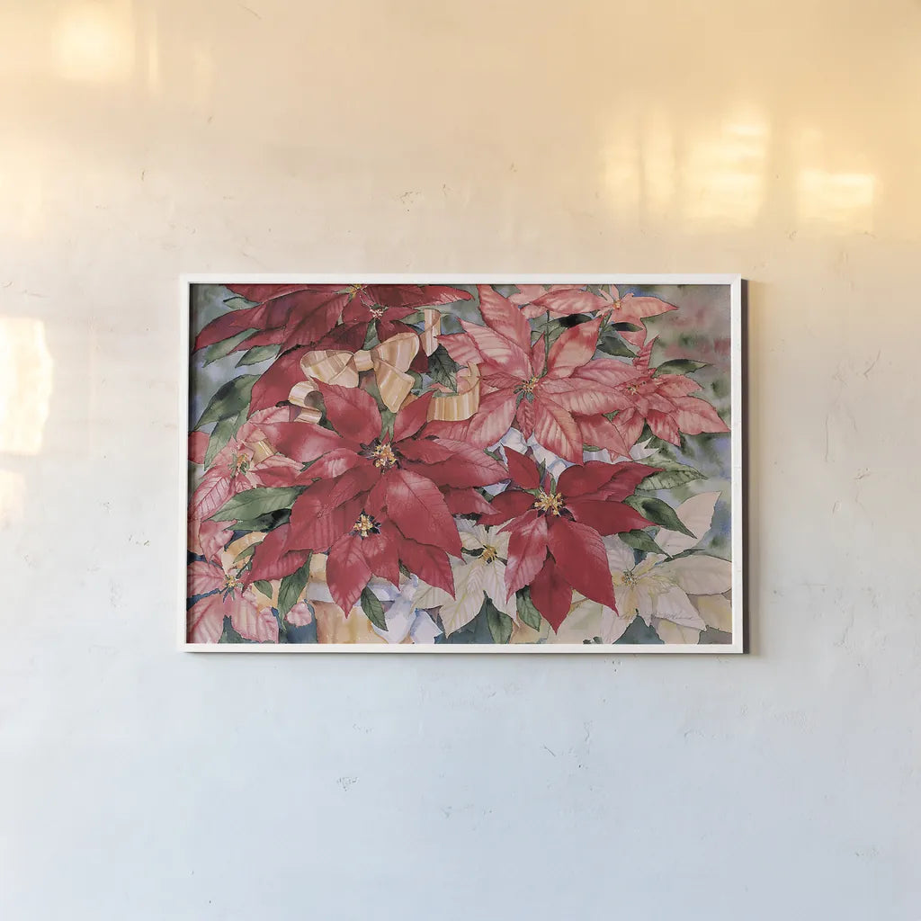 Poinsettia by Kathleen Parr McKenna. shown as a paper print in a white frame. Available as a archival giclee rolled canvas, fine art paper, or poster print. SKU 80801i.