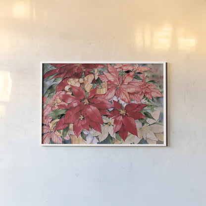 Poinsettia by Kathleen Parr McKenna. shown as a paper print in a white frame. Available as a archival giclee rolled canvas, fine art paper, or poster print. SKU 80801i.