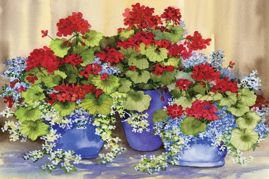 Red Geraniums with The Blues by Kathleen Parr McKenna. SKU 88422i. Archival Giclee Fine art print for wall decor.