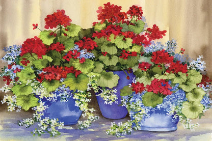 Red Geraniums with The Blues by Kathleen Parr McKenna. SKU 88422i. Archival Giclee Fine art print for wall decor.