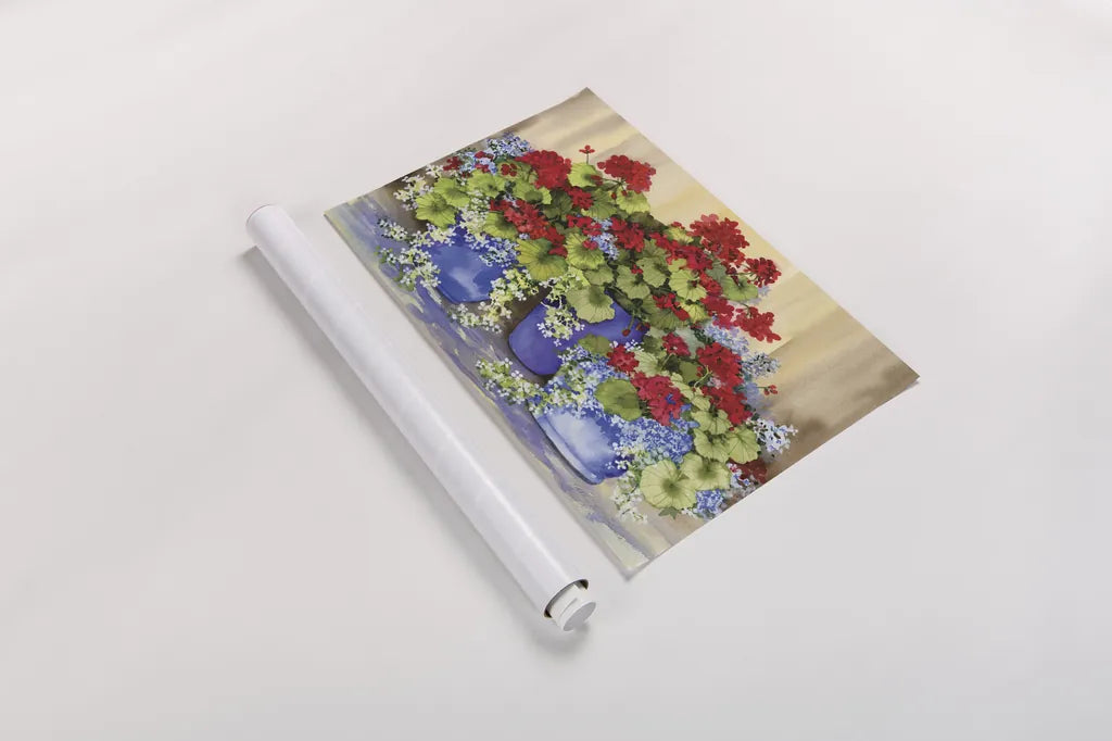 Red Geraniums with The Blues by Kathleen Parr McKenna. shown as a rolled paper print. Available as archival giclee rolled canvas, fine art paper, or poster print. SKU 88422i.