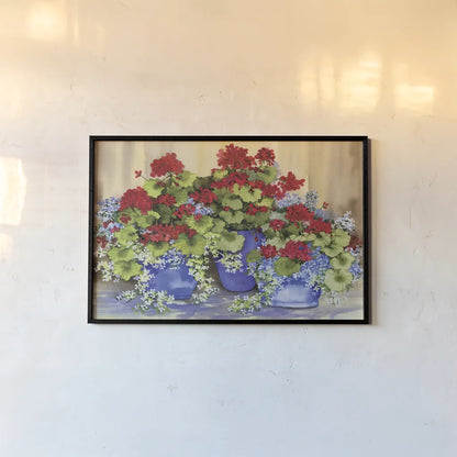Red Geraniums with The Blues by Kathleen Parr McKenna. shown as a paper print in a black flame. Available as a archival giclee rolled canvas, fine art paper, or poster print. SKU 88422i.