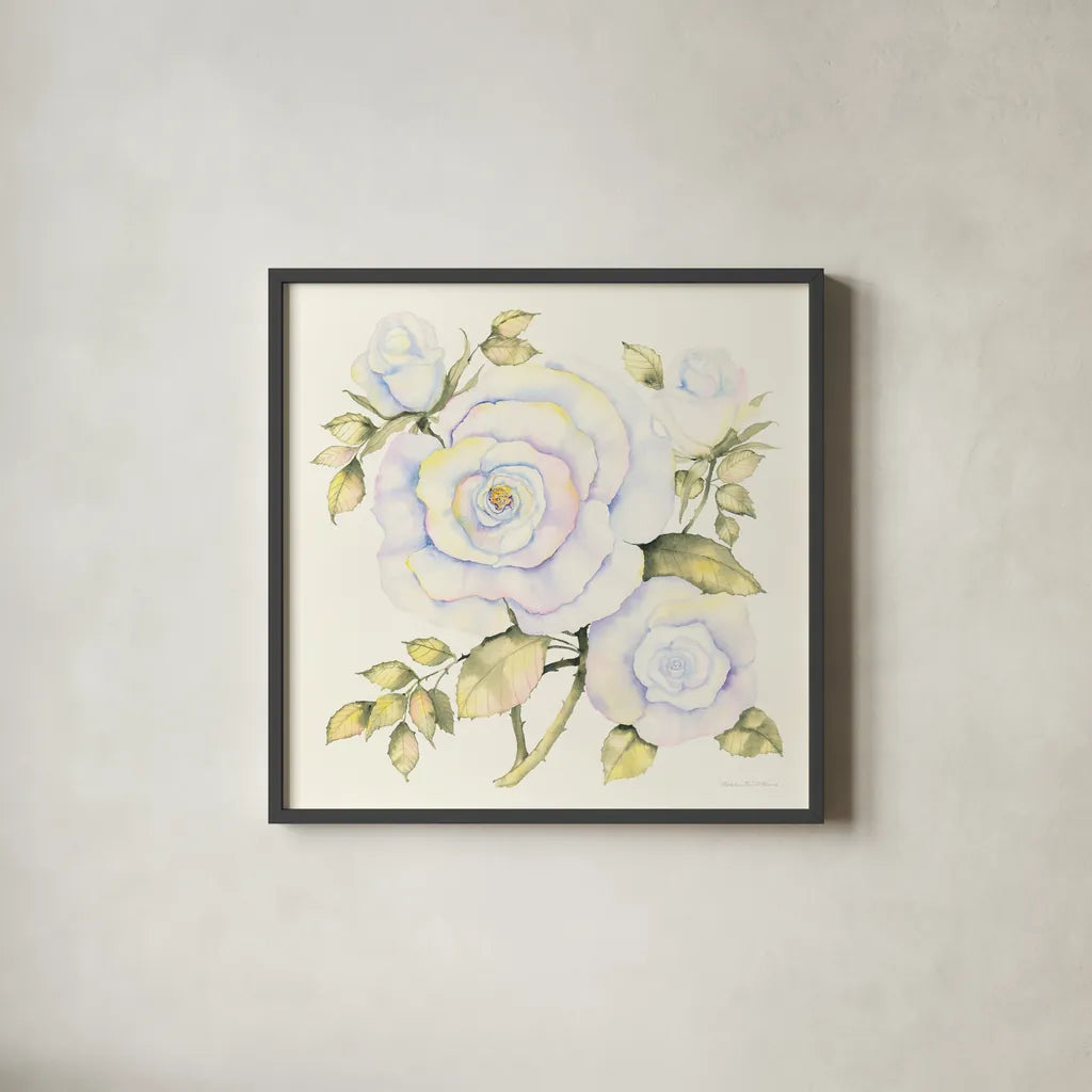 Roses by Kathleen Parr McKenna. Shown in a sleek black glass frame for a contemporary gallery look. Available as an archival giclee rolled canvas, fine art paper, or poster print. SKU 46645a.
