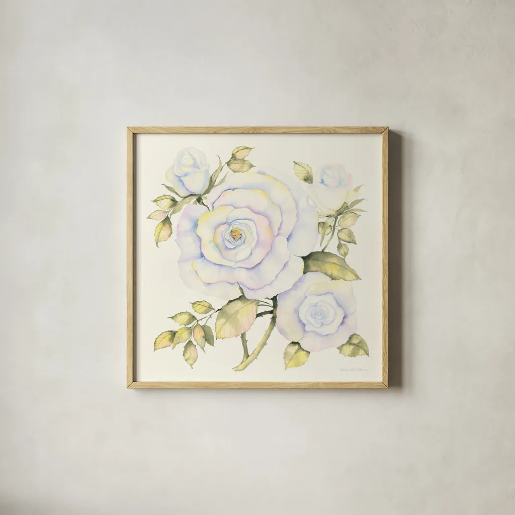 Roses by Kathleen Parr McKenna. Shown in a natural wood glass frame for a timeless modern aesthetic. Available as an archival giclee rolled canvas, fine art paper, or poster print. SKU 46645a.
