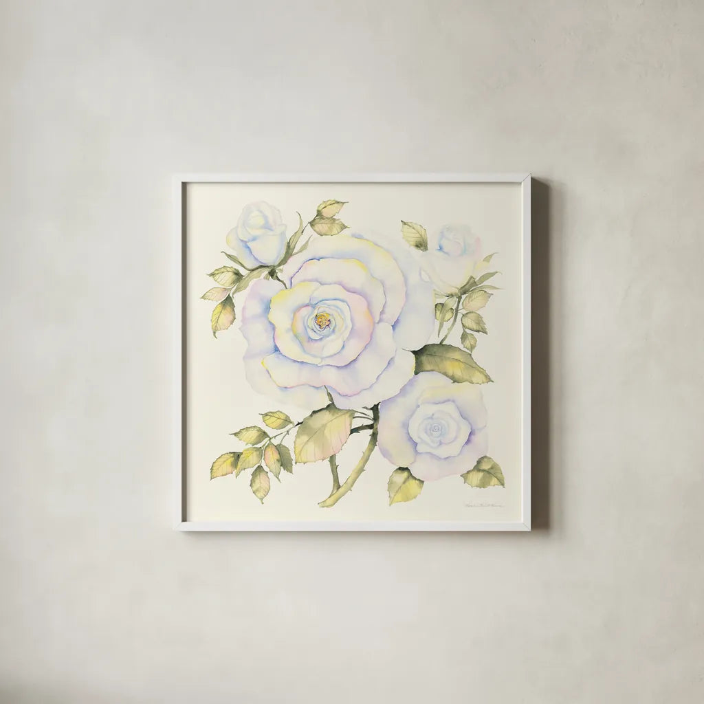 Roses by Kathleen Parr McKenna. Shown in a crisp white glass frame for a clean and minimalist style. Available as an archival giclee rolled canvas, fine art paper, or poster print. SKU 46645a.