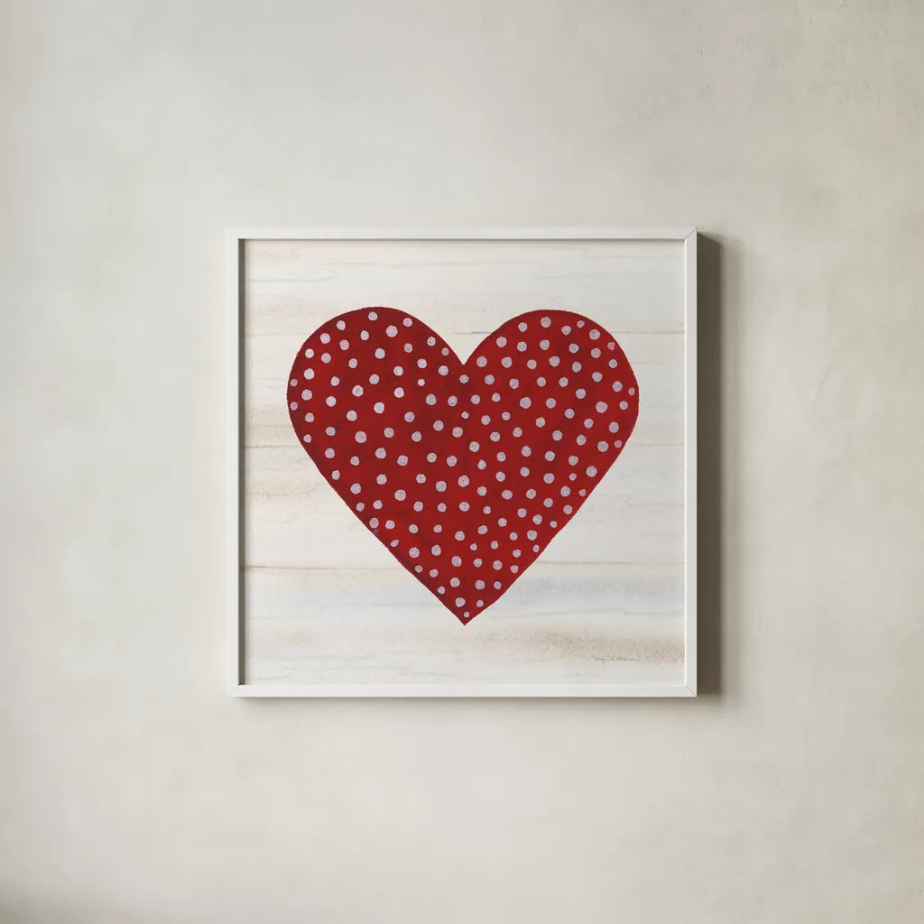 Rustic Valentine Heart I by Kathleen Parr McKenna. Shown in a crisp white glass frame for a clean and minimalist style. Available as an archival giclee rolled canvas, fine art paper, or poster print. SKU 46675a.