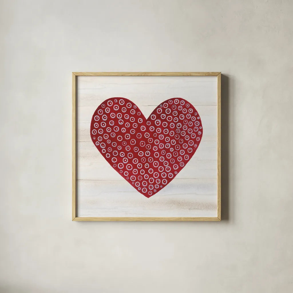 Rustic Valentine Heart III by Kathleen Parr McKenna. Shown in a natural wood glass frame for a timeless modern aesthetic. Available as an archival giclee rolled canvas, fine art paper, or poster print. SKU 46677a.