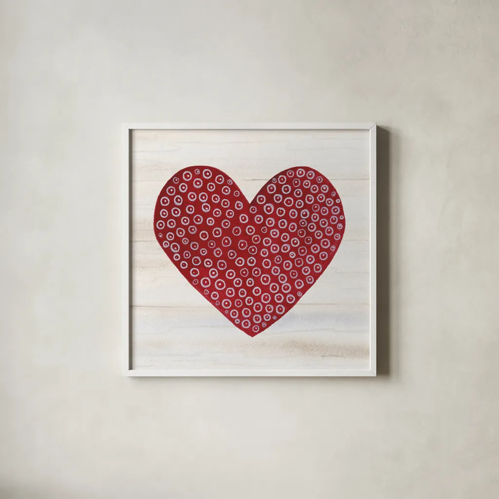 Rustic Valentine Heart III by Kathleen Parr McKenna. Shown in a crisp white glass frame for a clean and minimalist style. Available as an archival giclee rolled canvas, fine art paper, or poster print. SKU 46677a.