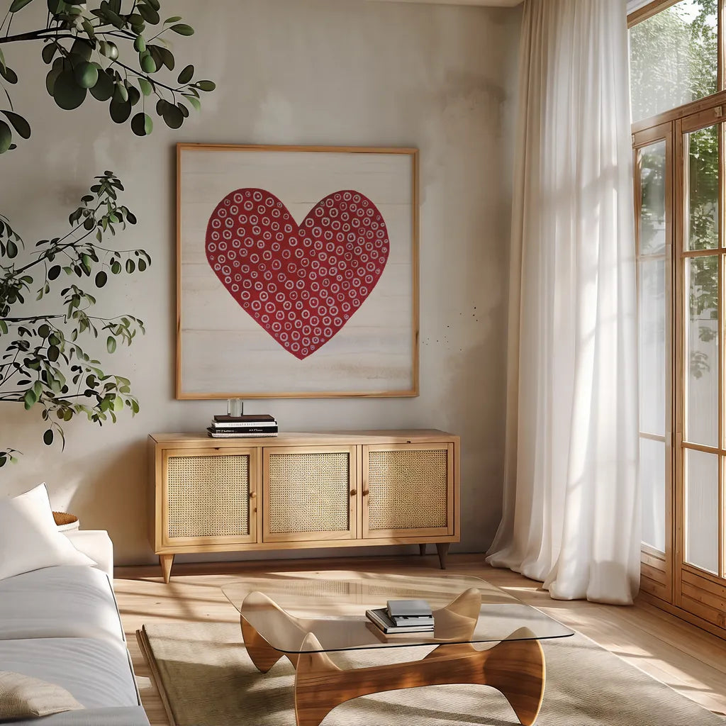 Rustic Valentine Heart III by Kathleen Parr McKenna. Shown in a natural wood frame in a cozy modern living room. Available as an archival giclee rolled canvas, fine art paper, or poster print. SKU 46677a.
