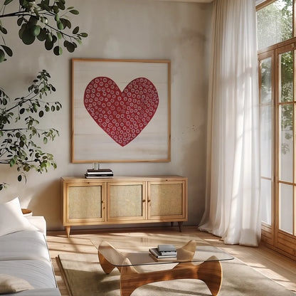 Rustic Valentine Heart III by Kathleen Parr McKenna. Shown in a natural wood frame in a cozy modern living room. Available as an archival giclee rolled canvas, fine art paper, or poster print. SKU 46677a.
