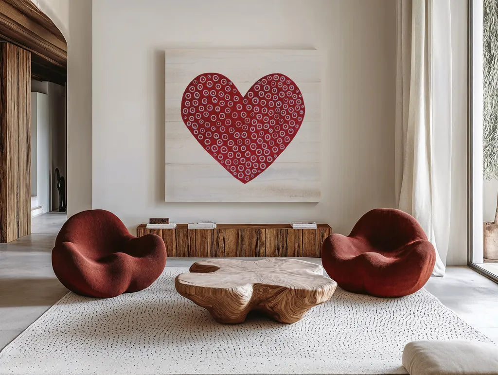 Rustic Valentine Heart III by Kathleen Parr McKenna. Shown as extra-large giant wall art in a modern living room. Available as an archival giclee rolled canvas, fine art paper, or poster print. SKU 46677a.