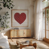 Rustic Valentine Heart IV by Kathleen Parr McKenna. Shown in a natural wood frame in a cozy modern living room. Available as an archival giclee rolled canvas, fine art paper, or poster print. SKU 46678a.