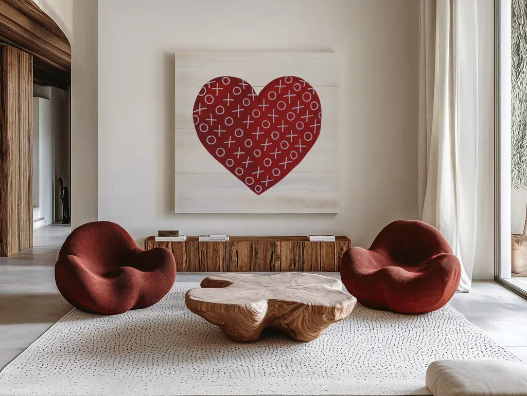 Rustic Valentine Heart IV by Kathleen Parr McKenna. Shown as extra-large giant wall art in a modern living room. Available as an archival giclee rolled canvas, fine art paper, or poster print. SKU 46678a.