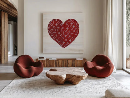 Rustic Valentine Heart IV by Kathleen Parr McKenna. Shown as extra-large giant wall art in a modern living room. Available as an archival giclee rolled canvas, fine art paper, or poster print. SKU 46678a.