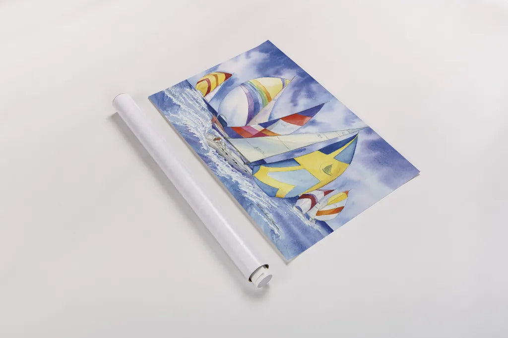 Sailboats by Kathleen Parr McKenna. shown as a rolled paper print. Available as archival giclee rolled canvas, fine art paper, or poster print. SKU 41265i.