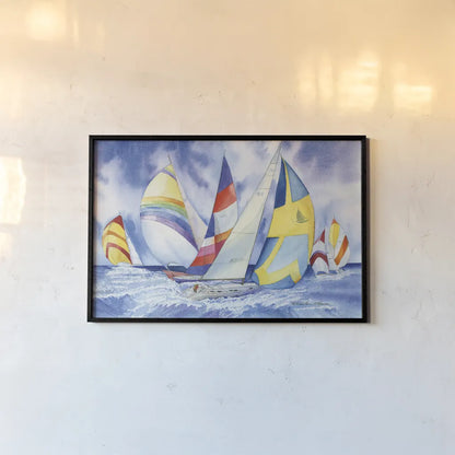 Sailboats by Kathleen Parr McKenna. shown as a paper print in a black flame. Available as a archival giclee rolled canvas, fine art paper, or poster print. SKU 41265i.