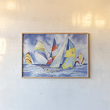 Sailboats by Kathleen Parr McKenna. shown as a paper print in a natural frame. Available as a archival giclee rolled canvas, fine art paper, or poster print. SKU 41265i.