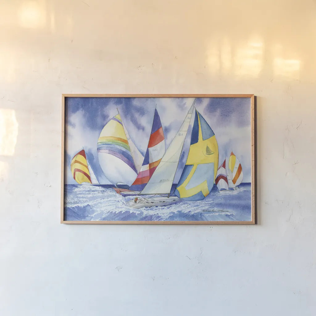 Sailboats by Kathleen Parr McKenna. shown as a paper print in a natural frame. Available as a archival giclee rolled canvas, fine art paper, or poster print. SKU 41265i.