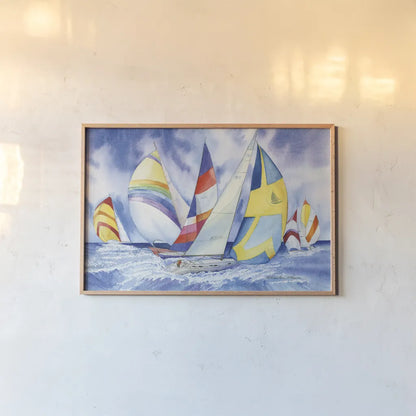 Sailboats by Kathleen Parr McKenna. shown as a paper print in a natural frame. Available as a archival giclee rolled canvas, fine art paper, or poster print. SKU 41265i.