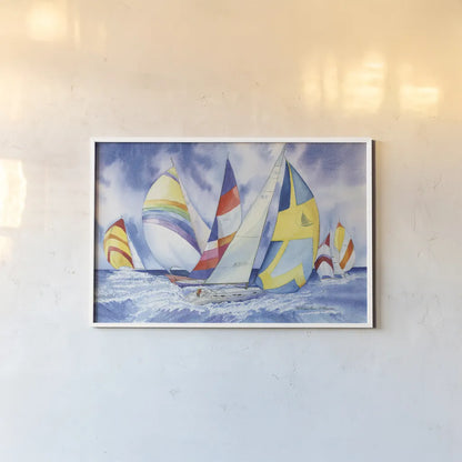 Sailboats by Kathleen Parr McKenna. shown as a paper print in a white frame. Available as a archival giclee rolled canvas, fine art paper, or poster print. SKU 41265i.