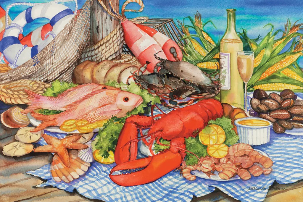 Seafood Platter by Kathleen Parr McKenna. SKU 47966i. Archival Giclee Fine art print for wall decor.
