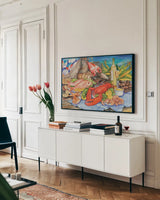 Seafood Platter by Kathleen Parr McKenna. shown as a framed stretched canvas in a living room above a console. Available as a archival giclee rolled canvas, fine art paper, or poster print. SKU 47966i.