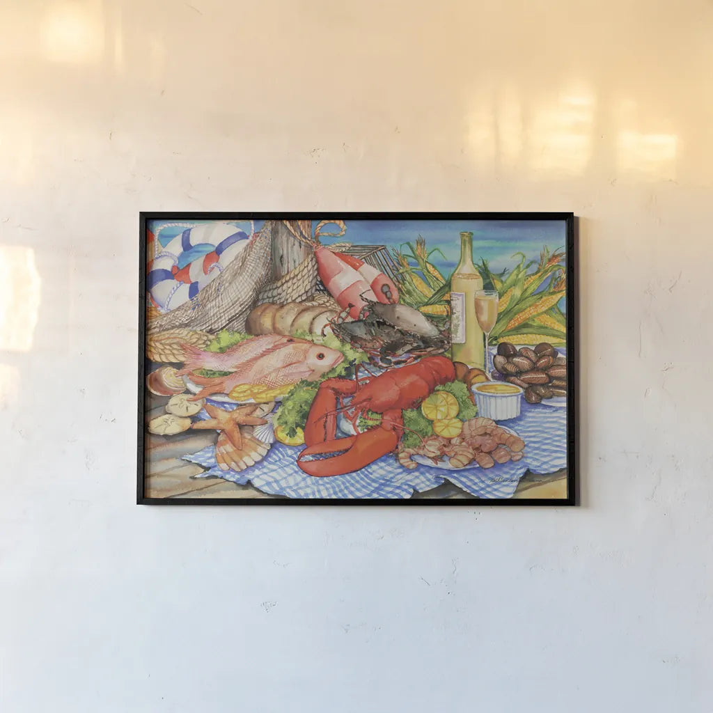 Seafood Platter by Kathleen Parr McKenna. shown as a paper print in a black flame. Available as a archival giclee rolled canvas, fine art paper, or poster print. SKU 47966i.