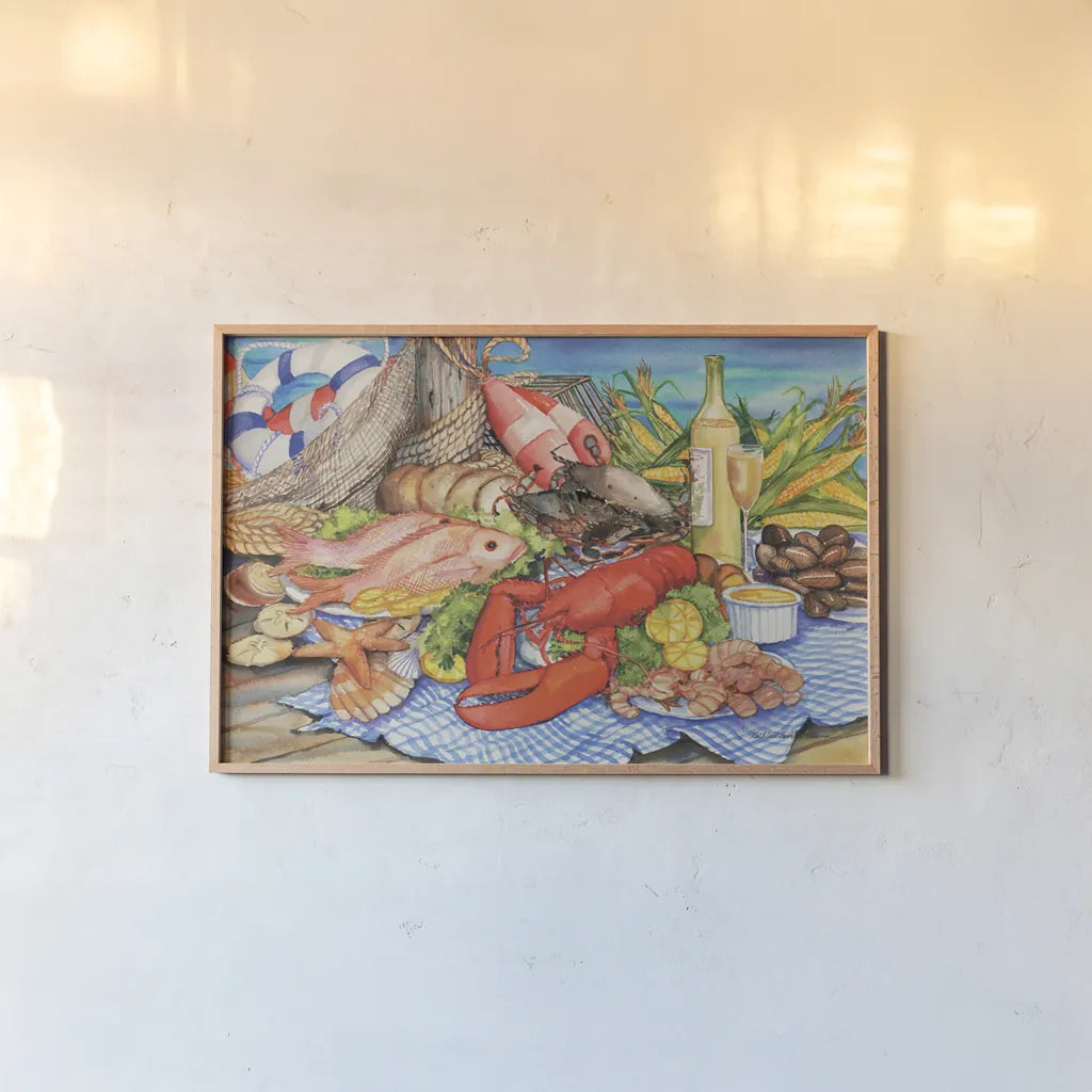 Seafood Platter by Kathleen Parr McKenna. shown as a paper print in a natural frame. Available as a archival giclee rolled canvas, fine art paper, or poster print. SKU 47966i.