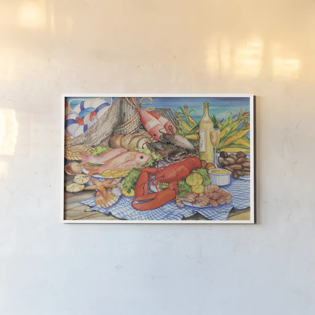 Seafood Platter by Kathleen Parr McKenna. shown as a paper print in a white frame. Available as a archival giclee rolled canvas, fine art paper, or poster print. SKU 47966i.