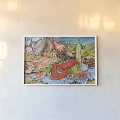 Seafood Platter by Kathleen Parr McKenna. shown as a paper print in a white frame. Available as a archival giclee rolled canvas, fine art paper, or poster print. SKU 47966i.
