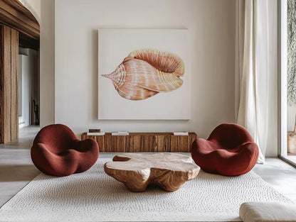 Shells II by Kathleen Parr McKenna. Shown as extra-large giant wall art in a modern living room. Available as an archival giclee rolled canvas, fine art paper, or poster print. SKU 16941a.