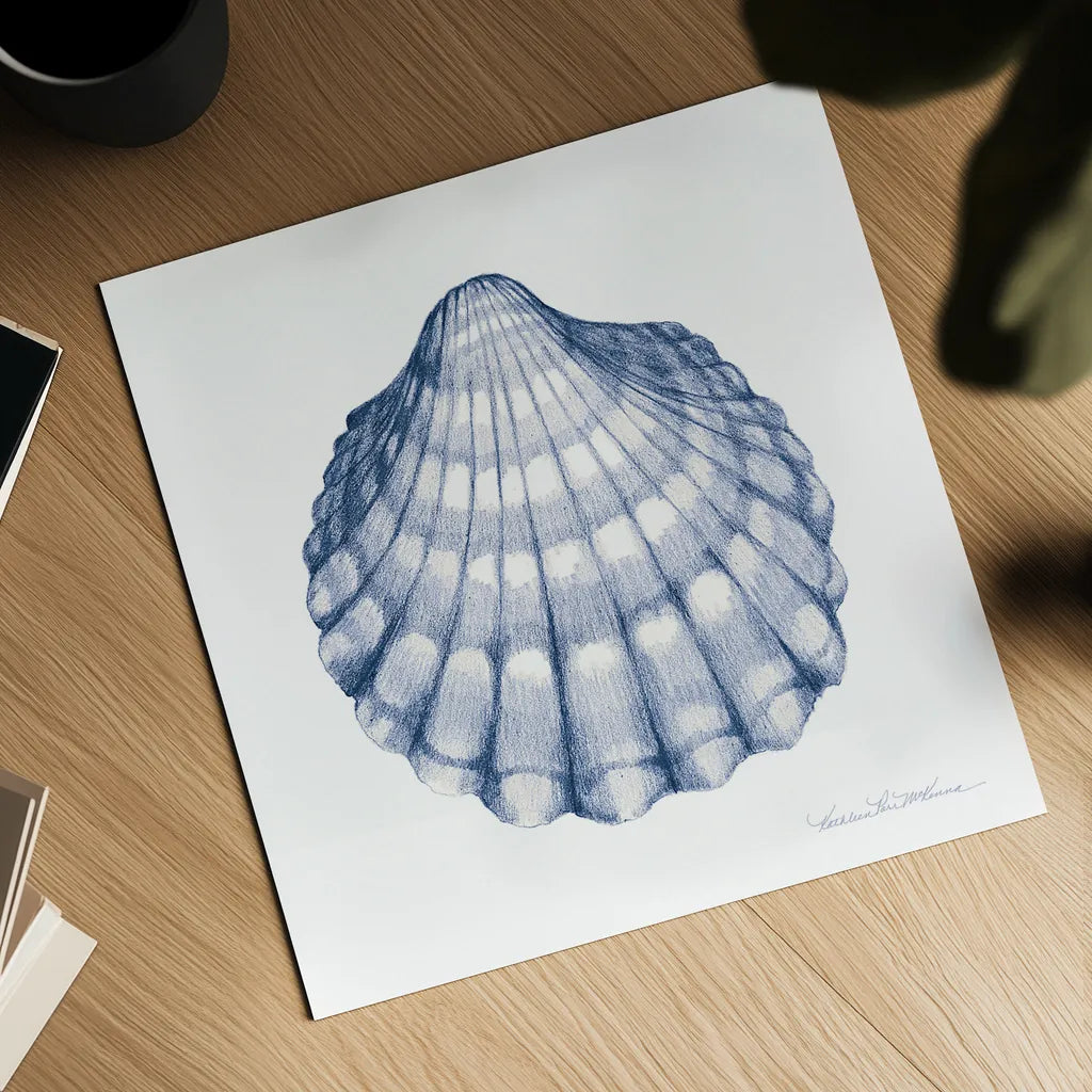 Shells III Blue and White by Kathleen Parr McKenna. Shown as a detailed flat fine art print, highlighting archival giclee quality. Available as an archival giclee rolled canvas, fine art paper, or poster print. SKU 40557a.